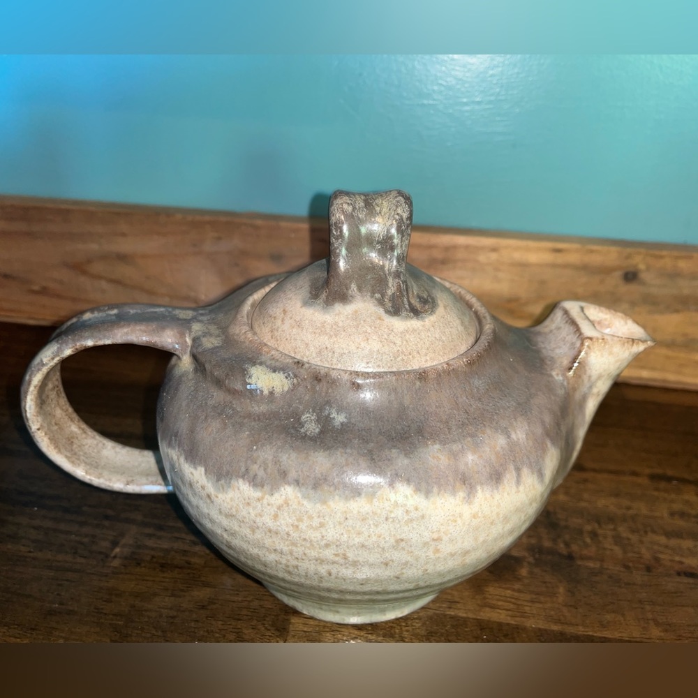 Handmade pottery tea pot grey off white with light brown glaze gorgeous piece
